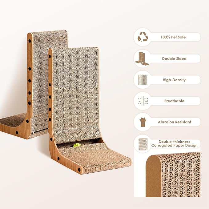 EHEYCIGA Cardboard Cat Scratcher for Indoor Cats, 19 Inch, Brown | L Shaped Scratching Post, Vertical Cat Scratching Board with Ball Cat Toy, Furniture Protector, Kitten Cat Scratch Pad