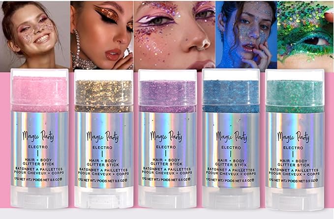 MAEPEOR Body Glitter Stick 6 Colors Holographic Mermaid Sequins Chunky Face Glitter Stick Singer Concerts or Music Festival Rave Body Makeup (Color 06)