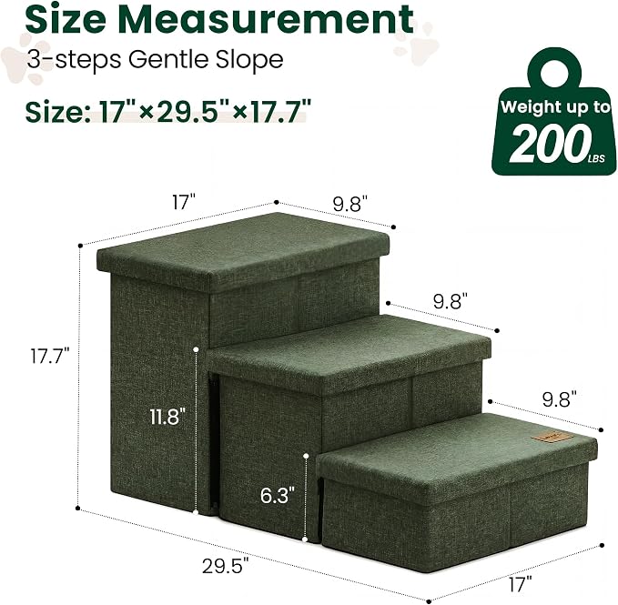 Love's cabin Dog Stairs for High Bed, Foldable Pet Stairs for Small Medium or Large Dogs Puppy with Storage for Bed or Couch, Cat Dog Steps Ramp with Zip up to 200 lbs, Dark Green, 3 Steps