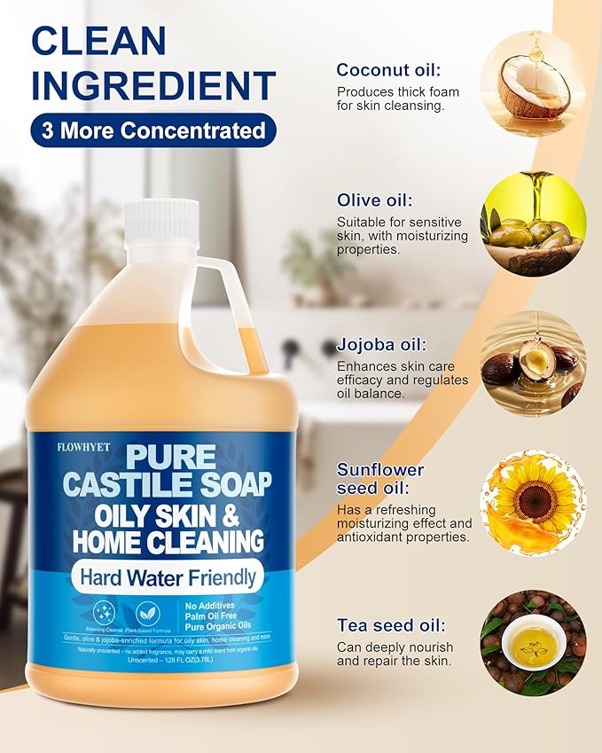 Pure Castile Soap Liquid Unscented 1 Gallon(128 fl oz) Refill, EWG Verified Organic Body Wash Bath Soap Castile Liquid,Hard Water Oily Skin Friendly for Body, Face, Hand,Home Cleaner