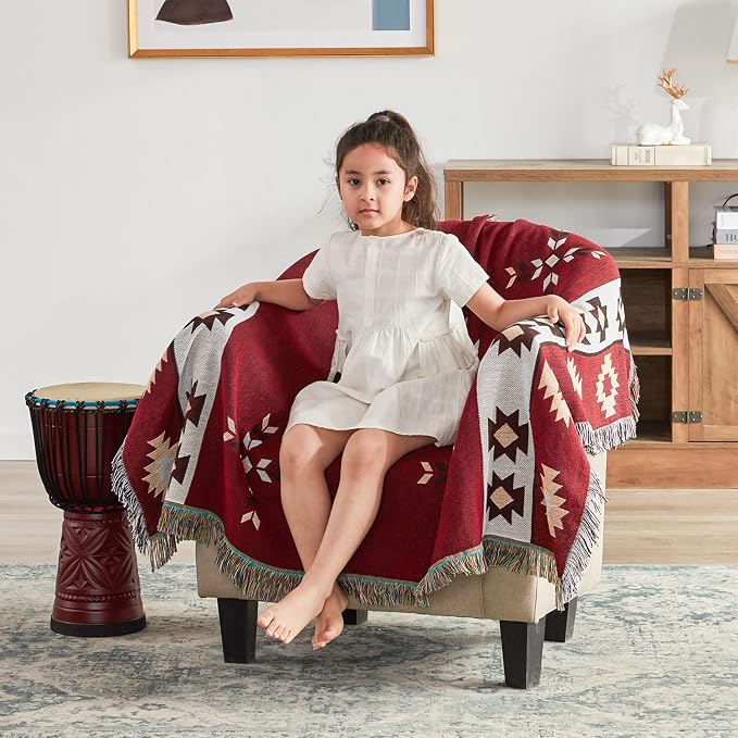 Native American Blanket Boho Throw Blanket for Sofa and Bed, Mexican Decorative Farmhouse Blanket, Southwest Decor Woven Blankets, Aztec Throw Blankets Bohemian with Tassel(Wine,50×60 inch)