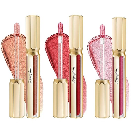 3Pc Lipsticks Set for Women Metallic Lipstick Long Lasting Dark Red Bronze Pink Lip Gloss, Metal Shine Lightweight Hydrating Full Coverage Lip Color, DP103/104/114