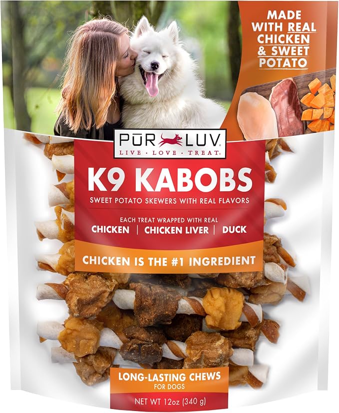 Pur Luv Dog Treats, K9 Kabobs Made with Real Chicken, Duck, and Sweet Potato, 12 Ounces, Dog Snacks, Healthy, Easily Digestible, Long-Lasting, High Protein Treat, Satisfies Urge to Chew | Triple-flavor chew: chicken, chicken liver & duck wrapped on swe...