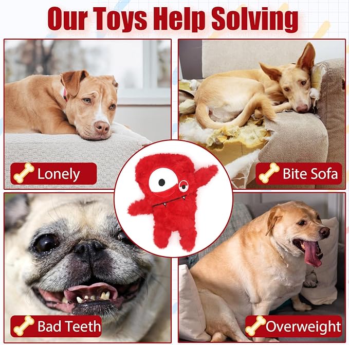 Monster Stuffed Squeaky Dog Toy, Crinkle Dog Plush Toy, Red | Soft Lightweight Toy for Fetch and Chew, Interactive Outdoor Indoor Play for Tug, Birthday Gift, For Puppy Small Medium Dog