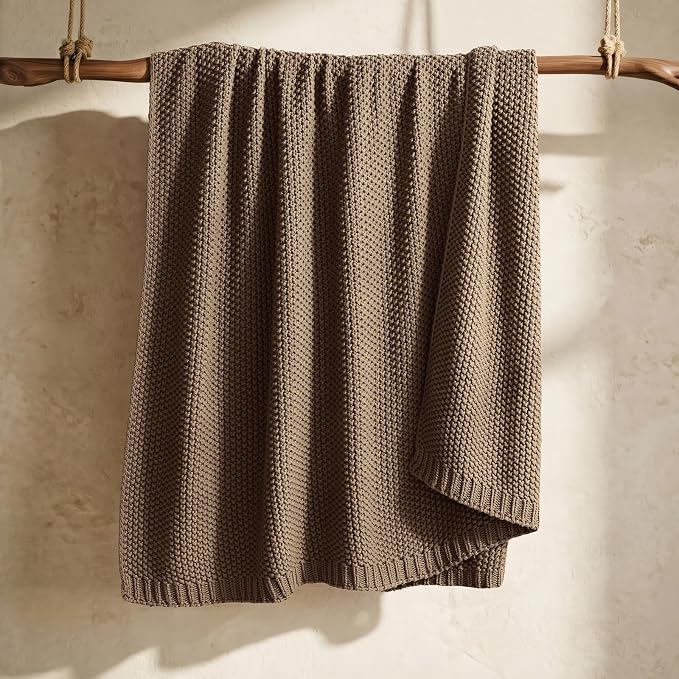 Organic Cotton Chunky Knit Throw Blanket, 60 x 80 Stone Taupe | OCS Certified Organic Cotton, Seed Stitch Knit, Soft & Breathable, Cozy Midweight, Decorative Throw for Couch, Bed & Sofa