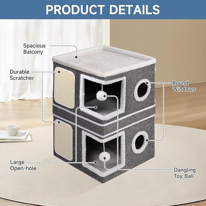 Shikha 2 Story Cat House beds for Indoor Cats with Scratch Pads Grey | 2 in 1 Dual Use Double Cat Bed Cave for Multiple Pets Kitten, Elevated Perch for a Wide View, All Season Reversible Cushion