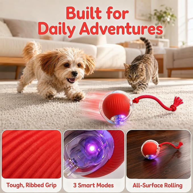 Interactive Cat Toy Ball, Smart Interactive Cat Toys, Smart Cat Toy for Enrichment, Motion Activated Automatic Cat Toys to Keep Them Busy (Red)