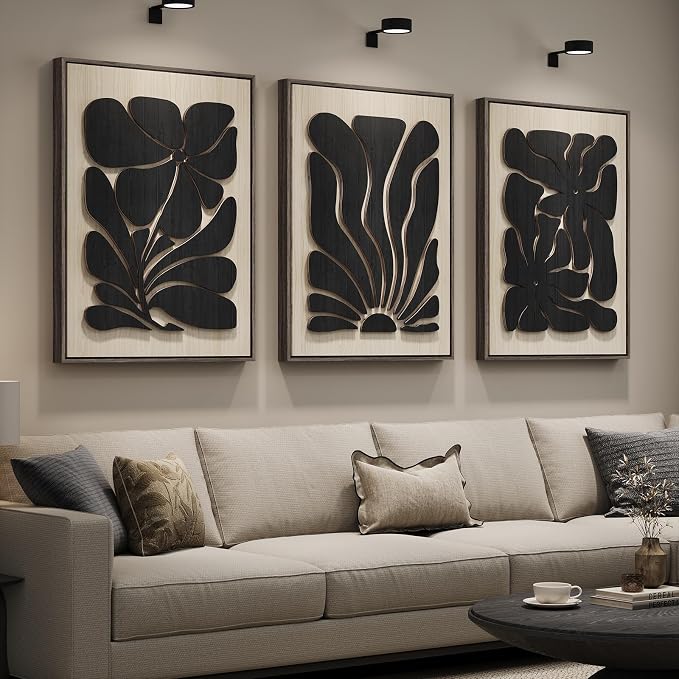 Framed Textured Wood 3D Wall Art for Living Room, Large Boho Floral Black and Beige Artwork for Walls, 3 Piece Abstract Bohemian Flower Wood 3D Art for Office Bedroom Hallway Wall decor, 24x36 Inch