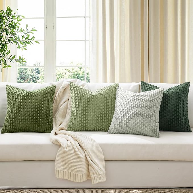 MIULEE Spring Sage Green Decorative Throw Pillow Covers for Couch Sofa Living Room Set of 4 Boho Gradient Cushion Covers Corduroy Rustic Fun Pillowcases Farmhouse Home Decor 20x20 Inch Forest Green