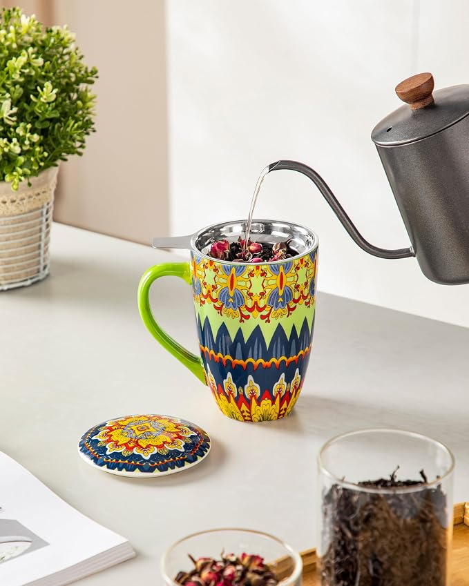 vancasso Ceramic Tea Cup with Infuser and Lid, 18 Ounce Tea Infuser Mug for Loose Leaf Tea, Microwave & Dishwasher Safe, Bohemian Mandala, Gift for Tea Lovers, Mint Petal Whirl