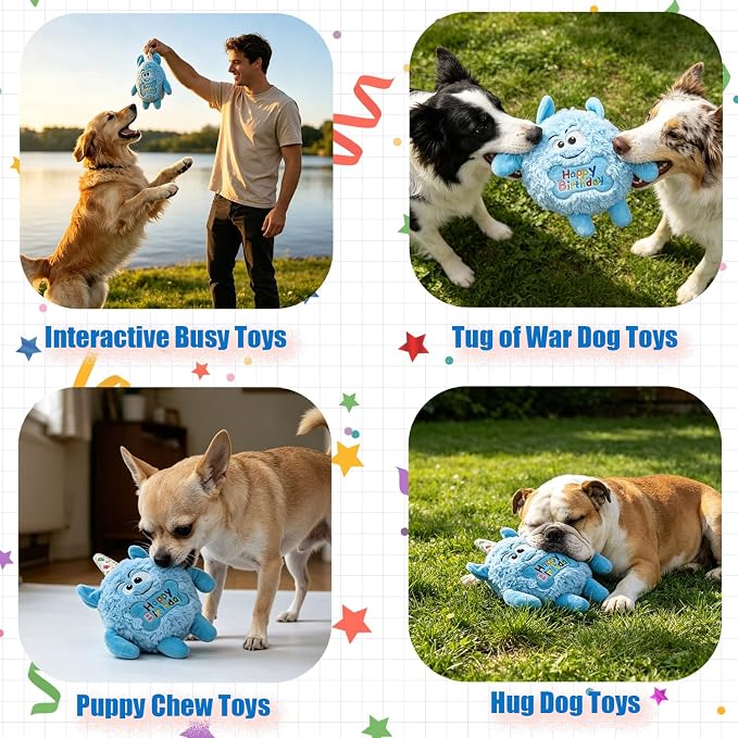 Monster Dog Birthday Toy for Gifts, Stuffed Dog Plush Toy, Blue | Crinkle Squeaky, Soft Lightweight Toy for Fetch and Chew, Interactive Outdoor Indoor Play for Tug, For Puppy Small Medium Dog