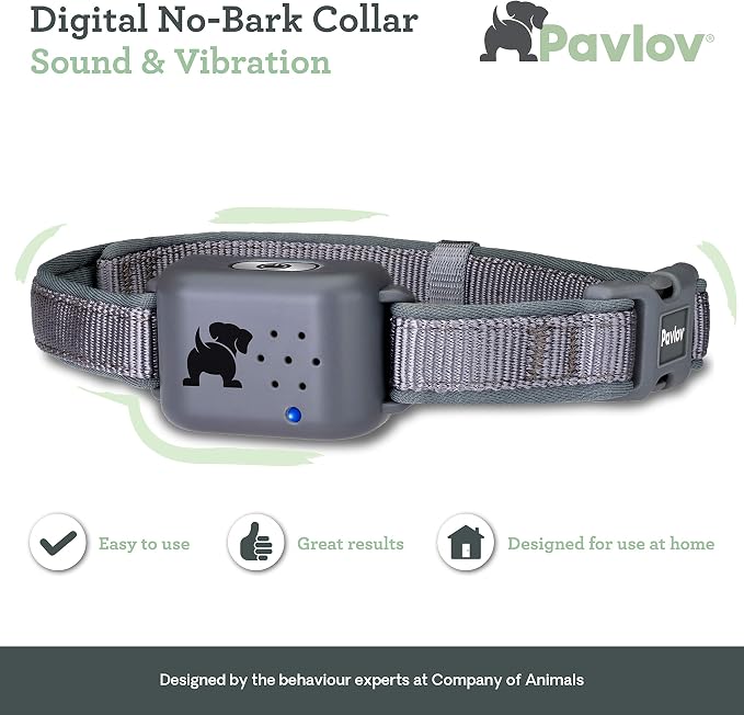 Pavlov Digital Anti Bark Collar, deterrent device to stop dogs barking, no shock only sound & vibration, safe & humane, no bark training for small medium & large dogs, water resistant and lightweight