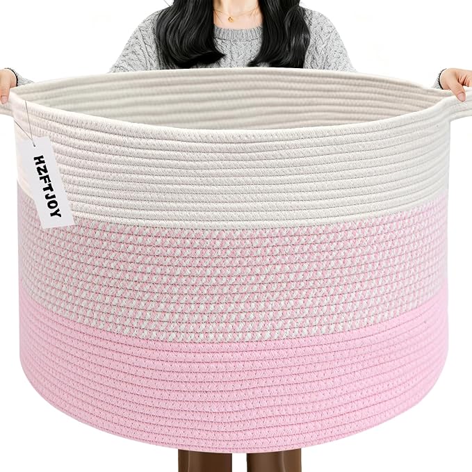115L Extra Large Blanket Basket,Woven Laundry Basket-Mixed Pink | Collapsible, reinforced handles, nursery storage bin organizes clothes, toys and pillows for living room, bedroom bathroom