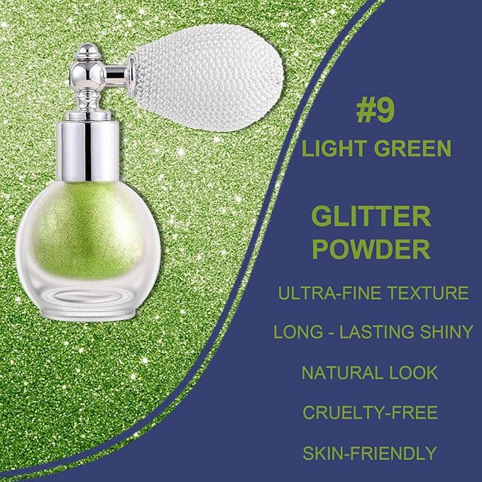 Light Green Glitter Spray for Face and Body, Rich Color Loose Shimmer Powder Long Lasting Sparkly Spray High Gloss Makeup for Women Rave Festival Prom Stage Wedding Party, #9