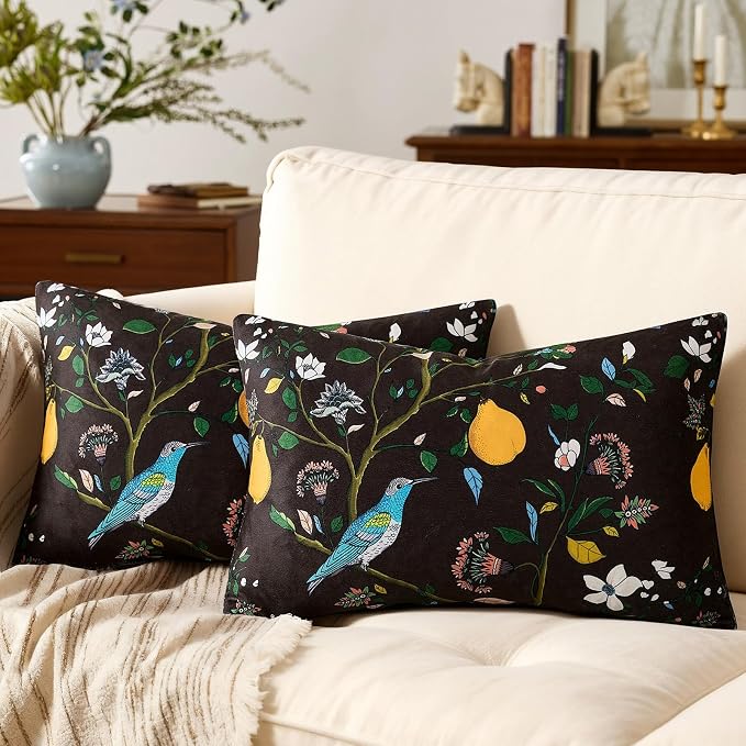MUSSEL Brown Velvet Floral Decorative 12x20 Lumbar Pillow Covers Set of 2 | Durable and Sturdy,Botanical Printed Pattern,Throw Pillows Case,Rectangle,Colorful Farmhouse,Home Sofa Bed Couch Decor