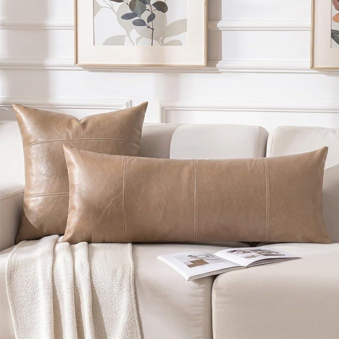 Fancy Homi Tan Long Lumbar Waterproof Faux Leather Body Decorative Throw Pillow Cover 14x36 Inch for Bedroom Couch Bed Bench, Beige Hand Stitched Cushion Case, Taupe Modern Farmhouse Room Decor