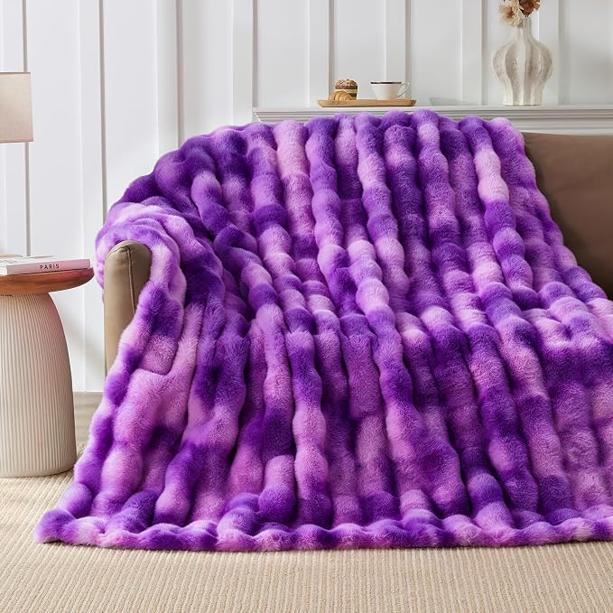 Luxury 1000GSM Rabbit Faux Fur Blanket, Super Warm Cozy Brown Blankets for Couch Bed Sofa, Ruched Plush Fuzzy Elegant Soft Reversible Mink Blanket Living Room Bedroom, 50" x 60", Grape Purple