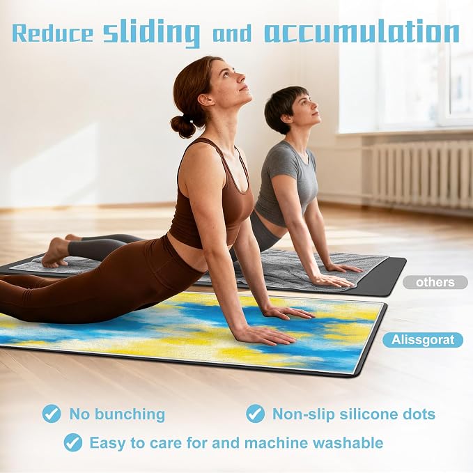 Yoga Mat Towel,Hot Yoga Towel High-Definition Pattern,Machine Washable with Ultra-Absorbent Yoga Towels for Hot Yoga Non Slip for Fitness,Exercise,Pilates,72 x 27 in,Blue & Yellow