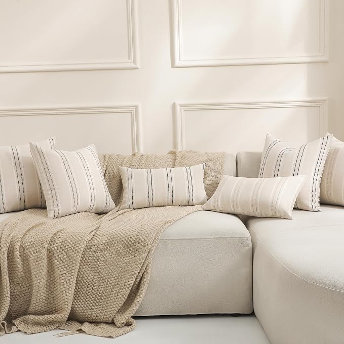 Hckot Throw Pillow Covers 12x20 Set of 2 Striped Pillow Covers Textured Linen Decorative Pillows Lumbar Cushion Covers for Sofa Couch Bed Living Room Farmhouse Decor, Black