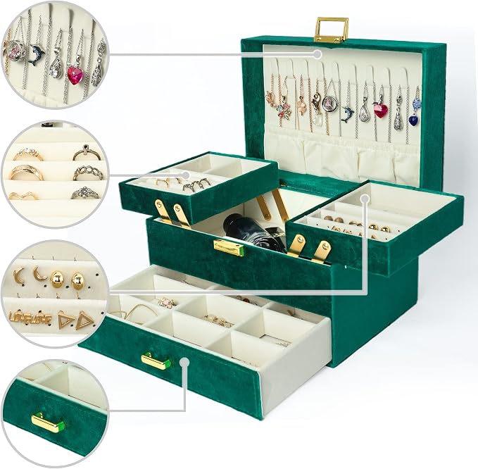 Jewelry Organizer Box, Large Velvet Jewelry Boxes for Women Girls, Space-Saving 3 Layers Jewelry Storage Case with Drawer, Movable Metal Stand, Modern, Gift Idea (Green)