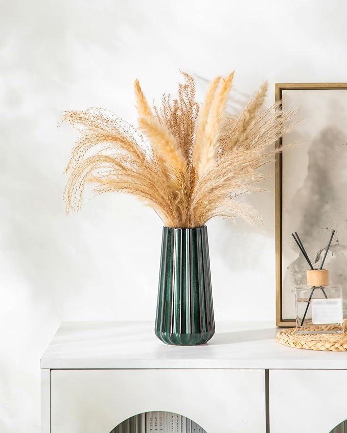 vancasso Ceramic Vase, 7.8 Inch Modern Ribbed Glossy Decorative Vase, Flower vase for Home Decor, Living Room, Bedroom, Office Decor, Green