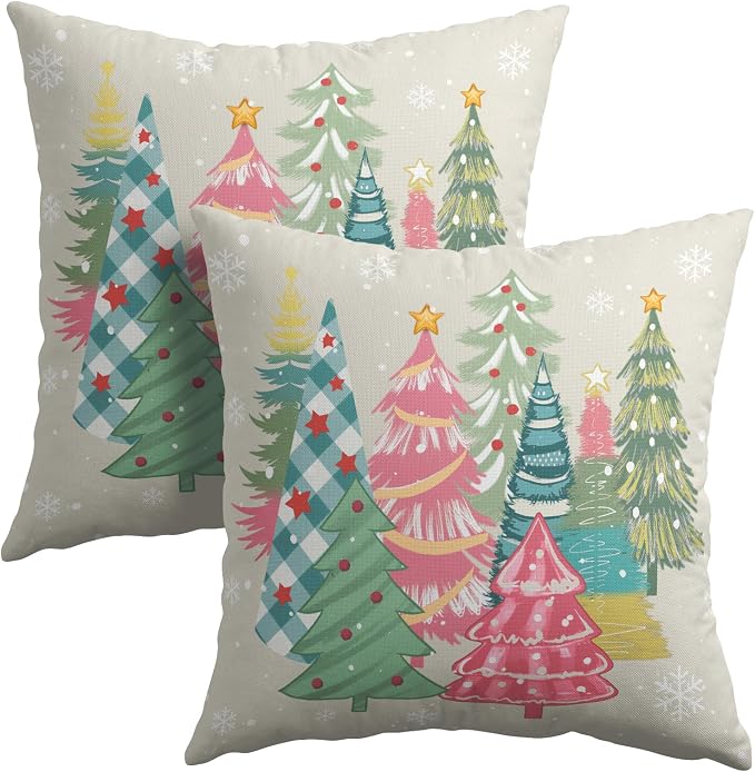 Kawani Christmas Throw Pillow Covers 22x22 Inch Pink Yellow Green Xmas Trees Square Cotton Linen Pillowcases with Hidden Zipper for Couch Sofa Bed Bench Porch Farmhouse Home Decor