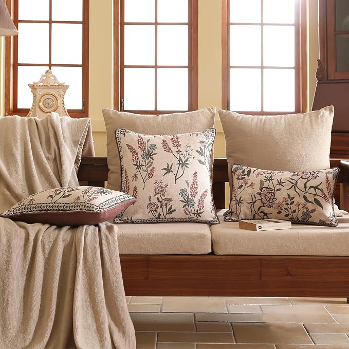 Designer Vintage Linen Throw Pillow Cover,20"x12"-Helena B | Elegant French Rectangle Pillow Cover,Concealed Zipper Design,Floral Pattern,Sofas,Bedroom,Living Room,Lounge Chairs