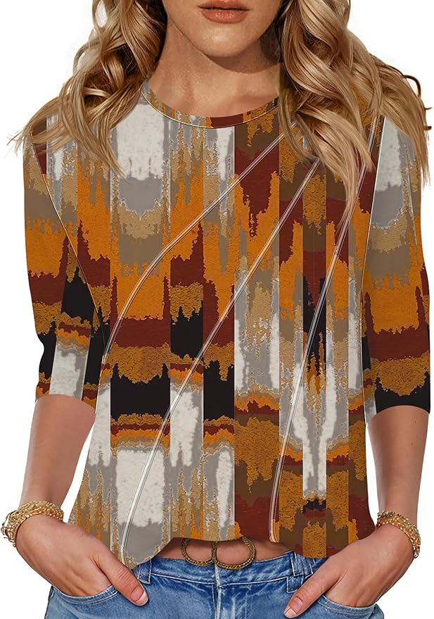 LOMON 3/4 Length Sleeve Womens Tops Spring Summer Fashion 2026 Tops Crew Neck Pleated Shirts Tunic Top Loose Fit