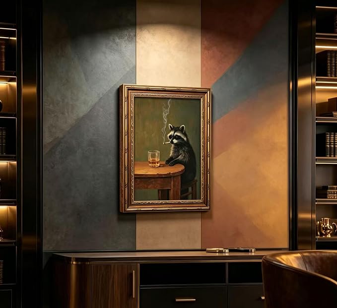Vintage Gold Framed Smoking Raccoon Wall Art,Moody Dark Funny Animal Whiskey Cigar Canvas Print,Humor Funny Raccoon Wall Decor,Retro Bar Cart Poster Artwork,for Study Living Office Bar Decor