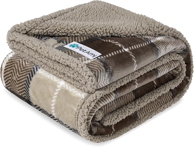 PetAmi Waterproof Dog Blanket for Small Puppy Cat, 29x40, Plaid Taupe | 460 GSM Sherpa Fleece Reversible, Pee Proof Pet Blanket, Furniture Protector Cover for Couch Sofa Kennel Crate, Washable