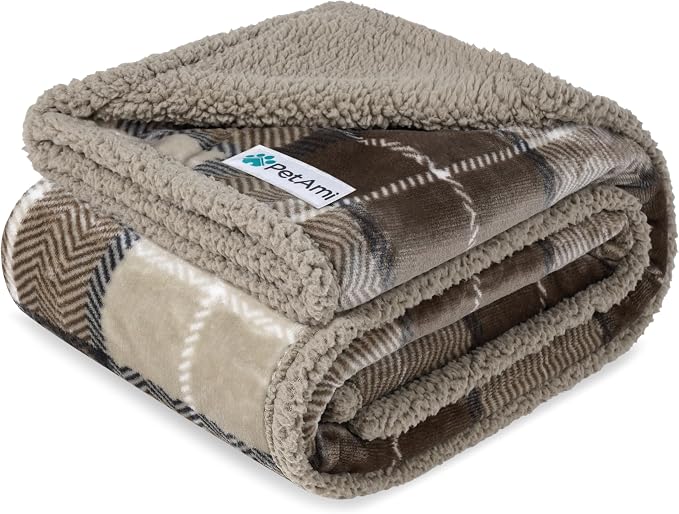 PetAmi Waterproof Dog Blanket for Medium Large Dog Pet, 60x40, Plaid Taupe | 460 GSM Sherpa Fleece Reversible, Pee Proof Cat Throw, Furniture Protector Cover for Couch Bed Sofa Kennel, Washable, Large