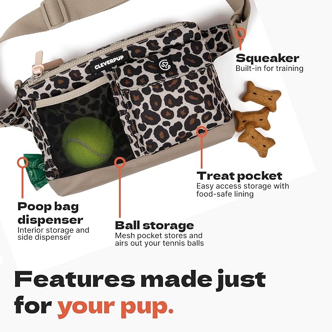 Cleverpup Walk & Train 2-in-1 Dog Walking Bag - Hands-Free, Leopard