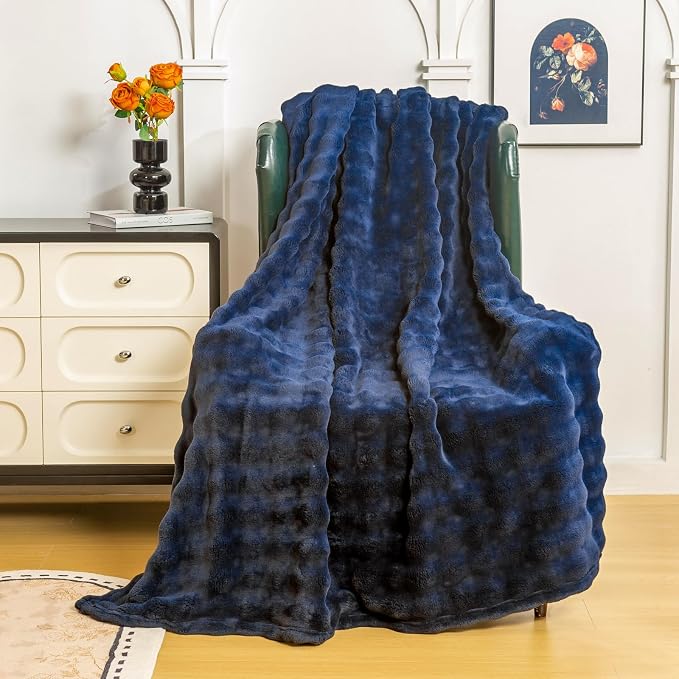 YUSOKI 3D Fleece Bubble Throw Blanket,Navy Blue, 50"x60" | Ultra Soft, Non-Shedding, Lightweight for All Season Use, stays fluffy after repeated washes, Perfect Gifts, Machine Washable