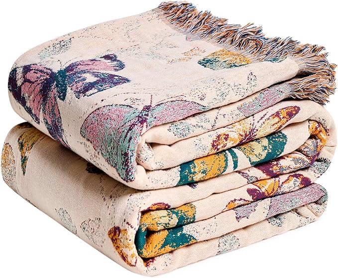 MSGKV Boho Throw Cotton Butterfly Blanket 60"x80" for Couch Sofa Decor | Muslin Blanket, Twin Size, Summer Breathable, All Seasons, Lightweight, Travel Friendly, Farmhouse Decor, Machine Washable
