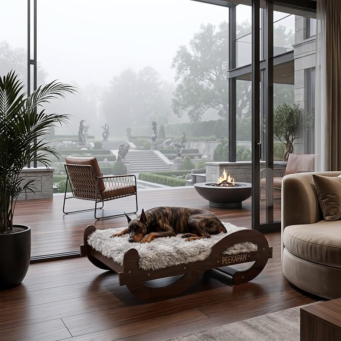 Wooden Elevated Dog Bed with Plush Mattress,L, Up to 80 lb | Raised Dog Bed Furniture with Walnut GrainPattern Frame, Designer Pet Sofa for Indoor Home Decor