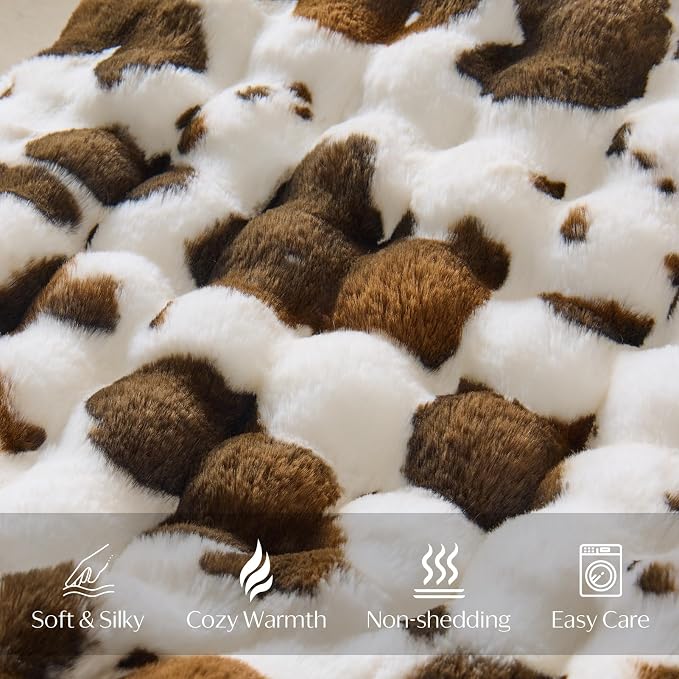 DOWNCOOL Large Faux Rabbit Fur Throw Blanket, Soft Fluffy Fuzzy Plush Bubble Blanket for Couch Sofa & Bed, Cozy Warm Luxury Fleece Minky Blanket, 90x90 Inches Cow Print-Brown