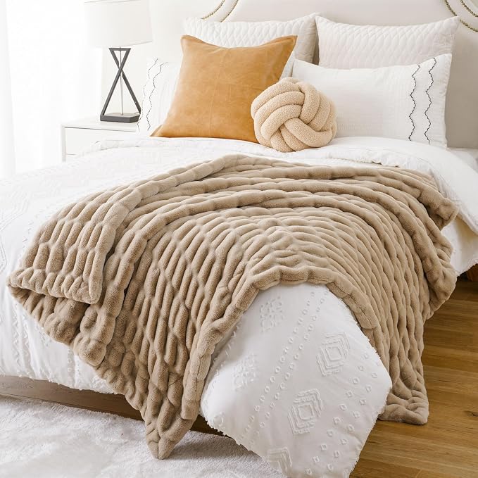 BATTILO Soft Faux Fur Throw Blanket for Couch, Double Side, 60"x80", Beige | Luxury Minky Couture Blanket, Beige Throw Blanket, Premium Silky Cozy Soft Fluffy Faux Fur Blanket For Bed, Sofa Living Room