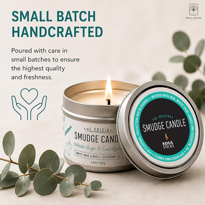 SOUL STICKS Smudge Candle for Cleansing House, Meditation, Chakra Healing, Aromatherapy | 3.5 Ounce Smudge Candle for Spiritual Cleansing (White Sage & Eucalyptus)