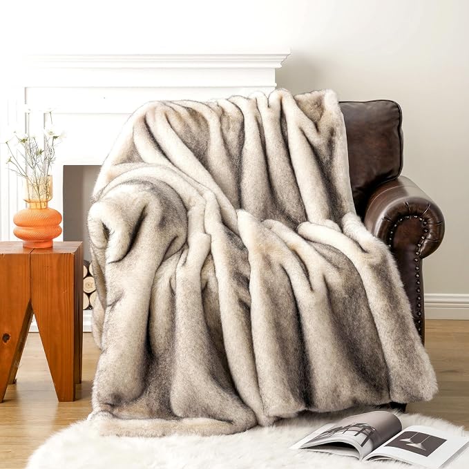 BATTILO Luxury Large Faux Fur Throw Blanket for Couch, 60"x80", Thick | Soft Cozy Mink Plush Warm Elegant Furry Fluffy Faux Fur Blanket for Bed, Sofa, Living Room, Long Pile with Black Tips