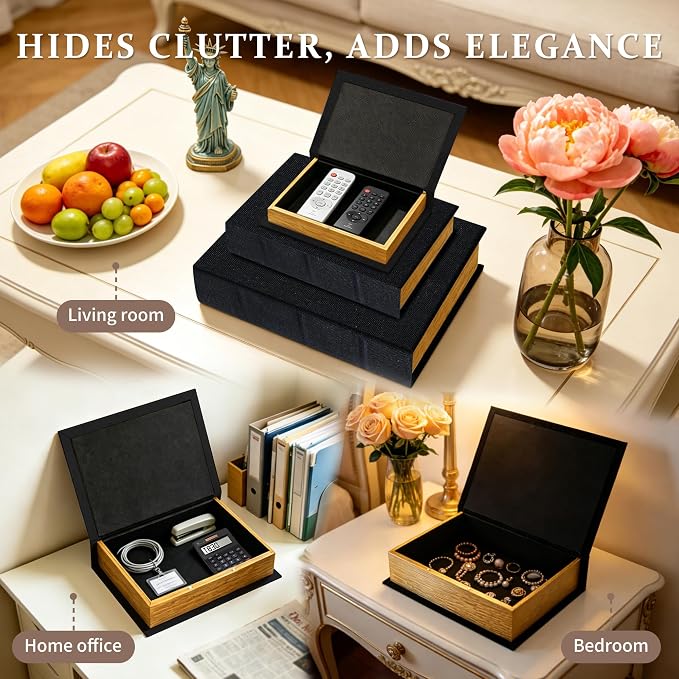 Jolitac Decorative Book Boxes, Faux Linen & Wood, Set of 3 | Stackable hidden storage containers, handcrafted, for coffee table, shelf decor, remotes & jewelry