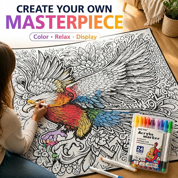 VEELU DIY Coloring Blankets with 24 Colors Markers for Adults | Custom Color In Your Own Blankets With 24 Colors Markers, Snuggle Color Sketch Washable Blankets Kit Home Decor