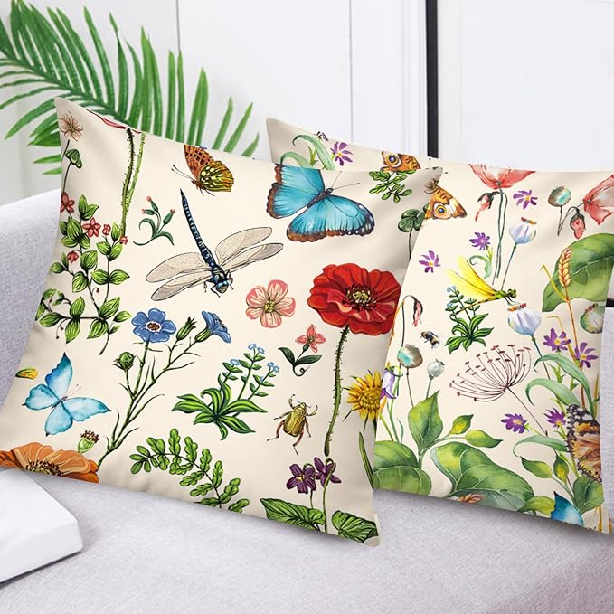 Spring Summer Throw Pillow Covers 18x18 Set of 6, Wildflower Nature Decor | spring summer floral bloom, Standard Throw Pillow Size, Breathable Linen, Neutral flower, Couch Sofa Living Room decor