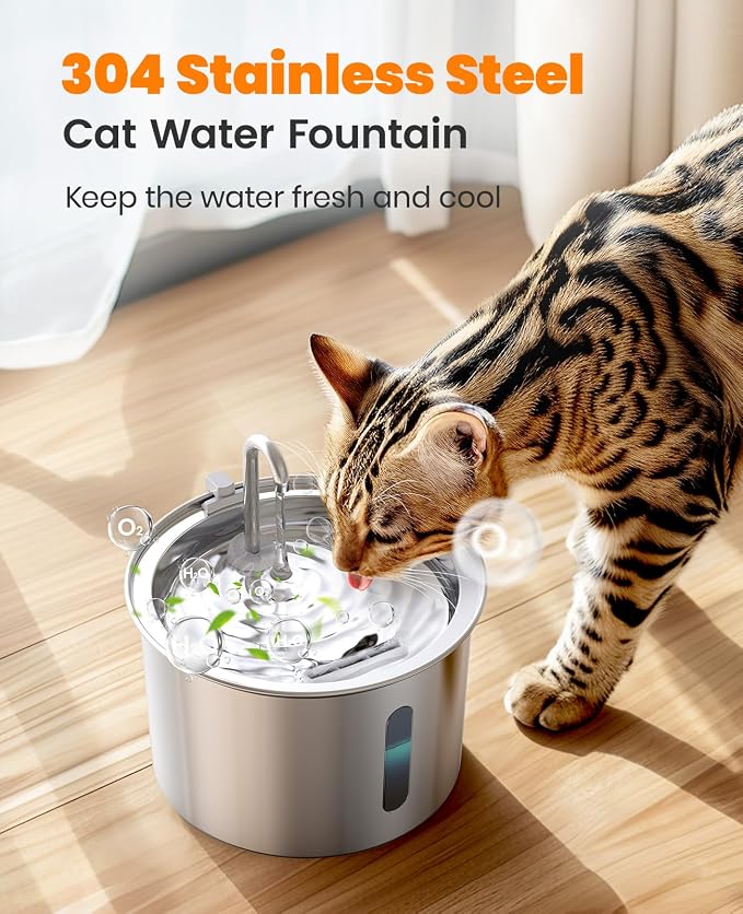 oneisall Stainless Steel Cat Water Fountain,PWF 001 | Quiet Pump＜30 dB, Faucet Spout Design, with 2 Replacement Filters for provide a fresh water
