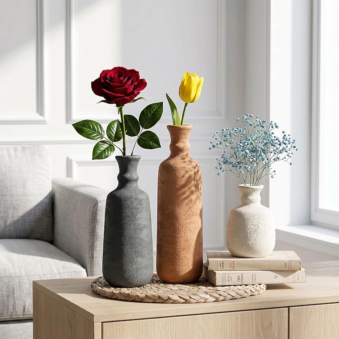 Ceramic Vase Set, 3Pcs Flower Vases for Modern Boho Farmhouse Decor, Decorative Vases for Pampas Grass & Dried Flowers, Distressed Finish