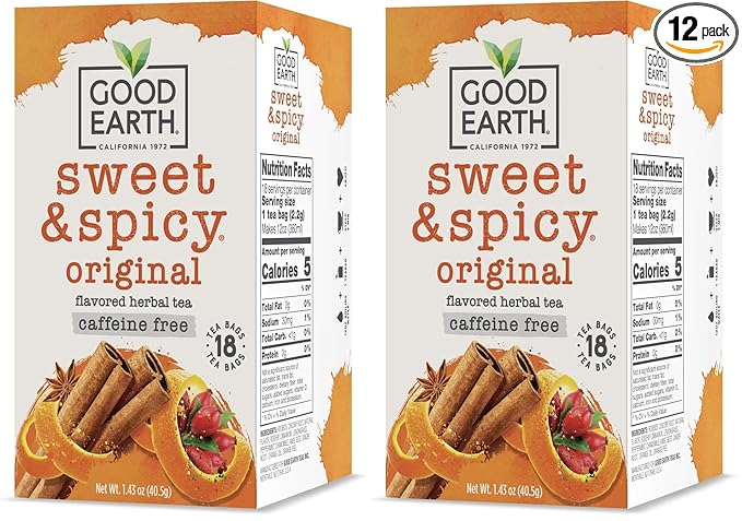 Good Earth Herbal Tea, Sweet & Spicy, Caffeine Free, Packaging May Vary, 18 Count, Pack of 12