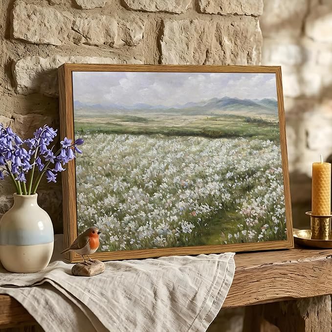 Framed Vintage Landscape Wall Art, Country Wildflower Field Pictures Wall Decor, Rustic Nature Flower Paintings Canvas Prints Farmhouse Home Decor for Living Room Bedroom Bathroom 16x24 inch