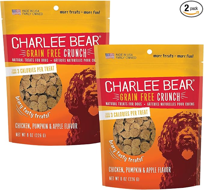 Charlee Bear Crunchy Dog Training Treats, Chicken Pumpkin Apple, 8oz 2-Pack | Low Calorie 3 cal, Grain Free, Natural Mini Treats, For Puppies Small Medium Large Dogs, USA Made