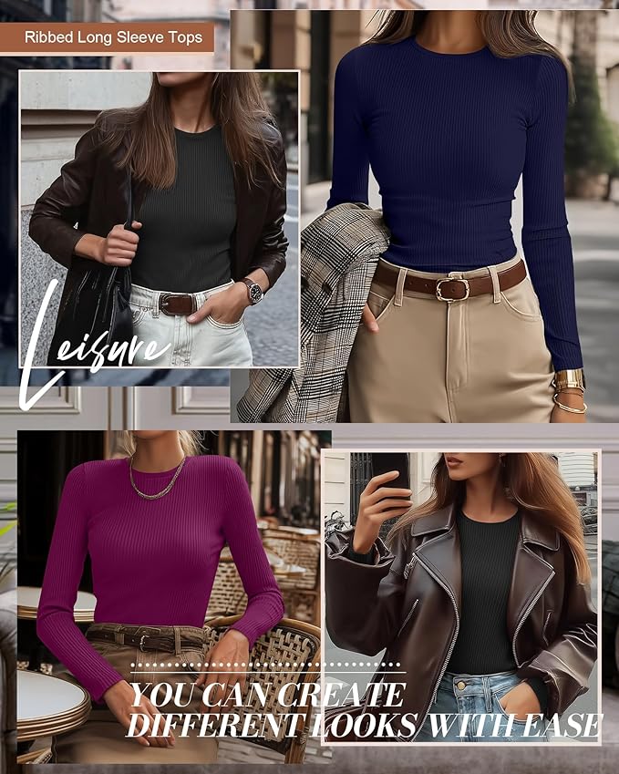 Ficerd 3 Pack Women's Ribbed Long Sleeve Tops, Crew Neck Slim Fit Undershirts Knit Basic Casual Stretch Layering Tee Shirts