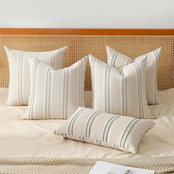 Hckot Throw Pillow Covers 12x20 Set of 2 Striped Pillow Covers Textured Linen Decorative Pillows Lumbar Cushion Covers for Sofa Couch Bed Living Room Farmhouse Decor, Black