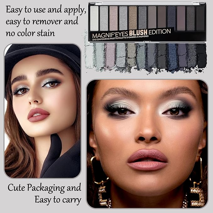 Black Grey Smoky Eyeshadow Palette,15 Colors Matte Shimmer Pigmented Eye Shadow Makeup Palette Set with 3 Eyeshadow Brushes,Glitter Eye Shadow Palette for Daily Halloween Goth Makeup(G)